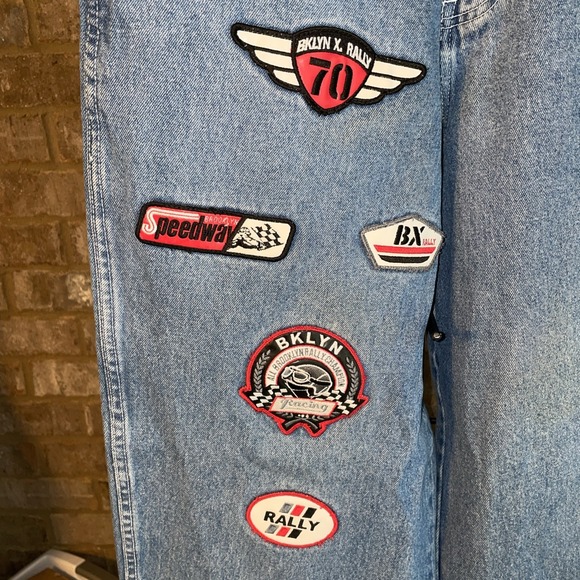 Brooklyn Express Jeans Men Baggy Denim Embroidered Racing Patches Vintage Sz 34 - Picture 2 of 10